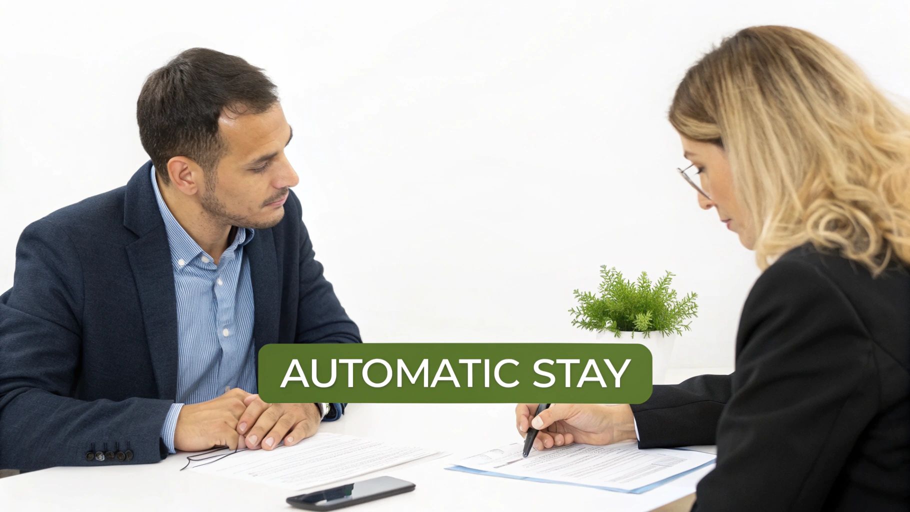 Two professionals in a meeting, a man looking at papers and a woman writing, with 'AUTOMATIC STAY' text.