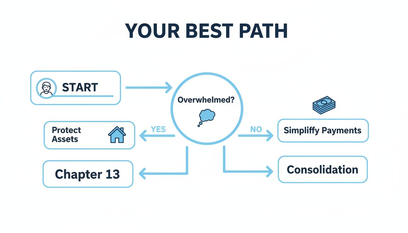 Flowchart titled 'Your Best Path' showing financial options: Start, then if overwhelmed, choose Protect Assets or Chapter 13. If not overwhelmed, choose Simplify Payments or Consolidation.