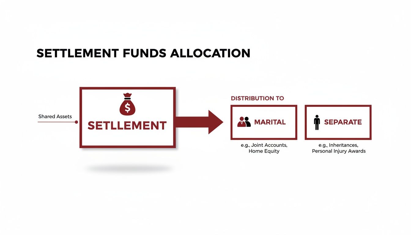 Diagram illustrating settlement funds allocation from shared assets into marital and separate property.