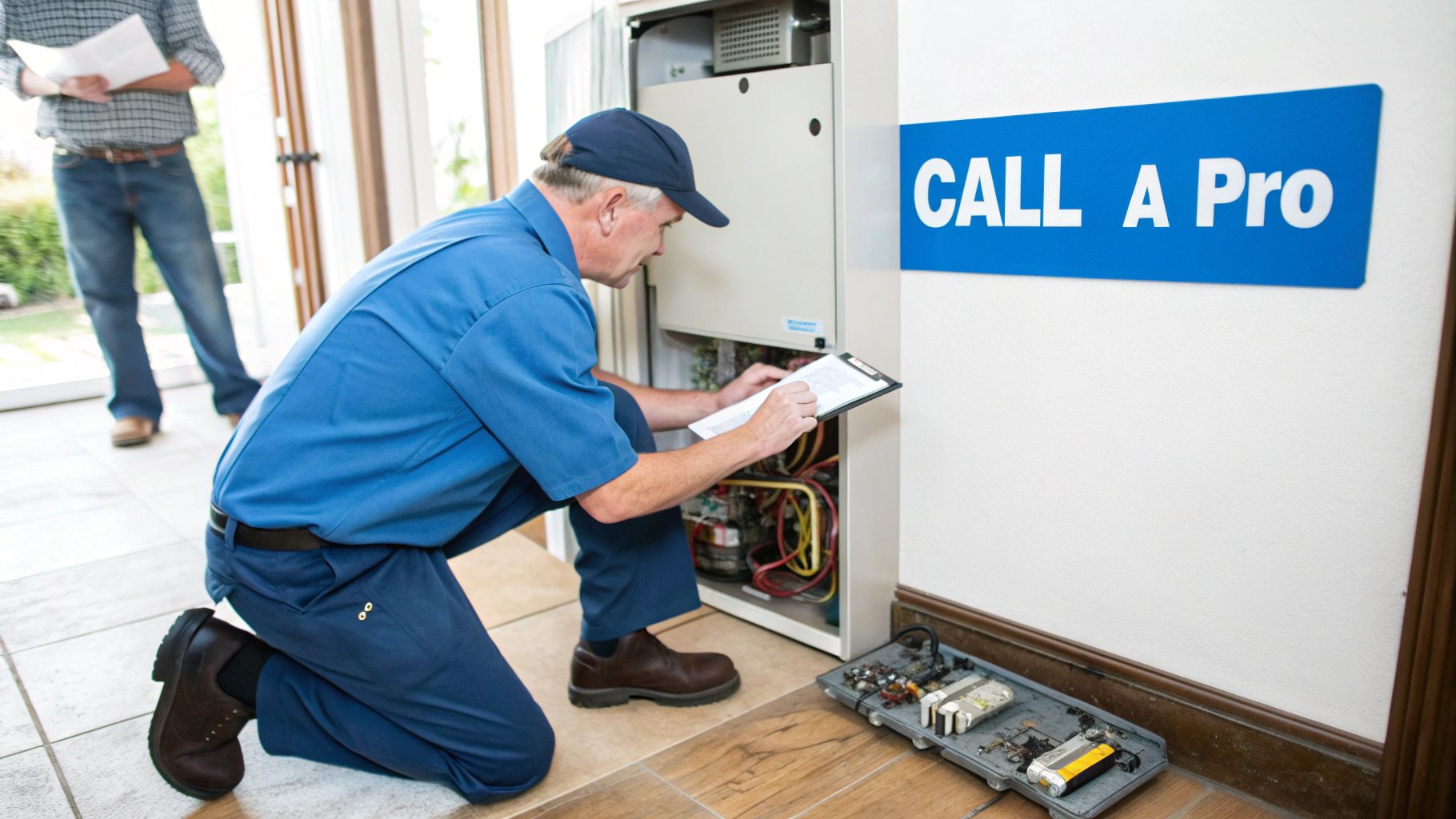 Service technician in blue uniform inspecting a home furnace or HVAC system, with a customer nearby.
