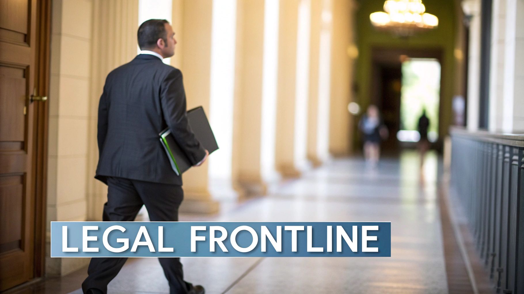 A lawyer in a suit walks down a grand hallway, holding a folder, with "LEGAL FRONTLINE" text.