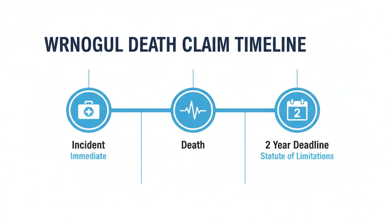 Timeline illustrating a wrongful death claim process from incident to death and the 2-year statute of limitations.