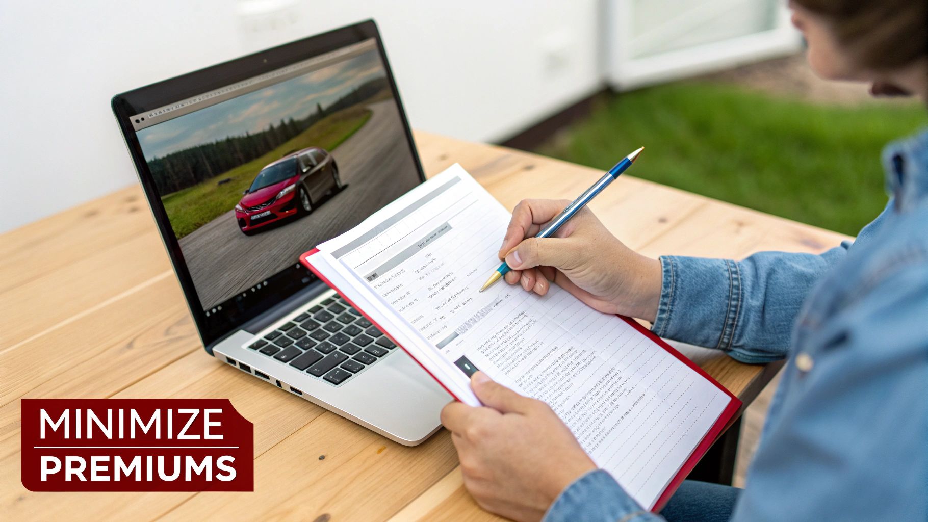 Person reviews documents next to a laptop displaying a red car, focused on minimizing insurance premiums.