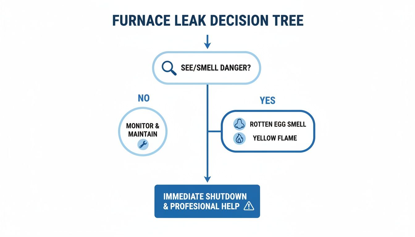 Decision tree flowchart for gas furnace leak diagnosis, showing steps for monitoring or professional help.