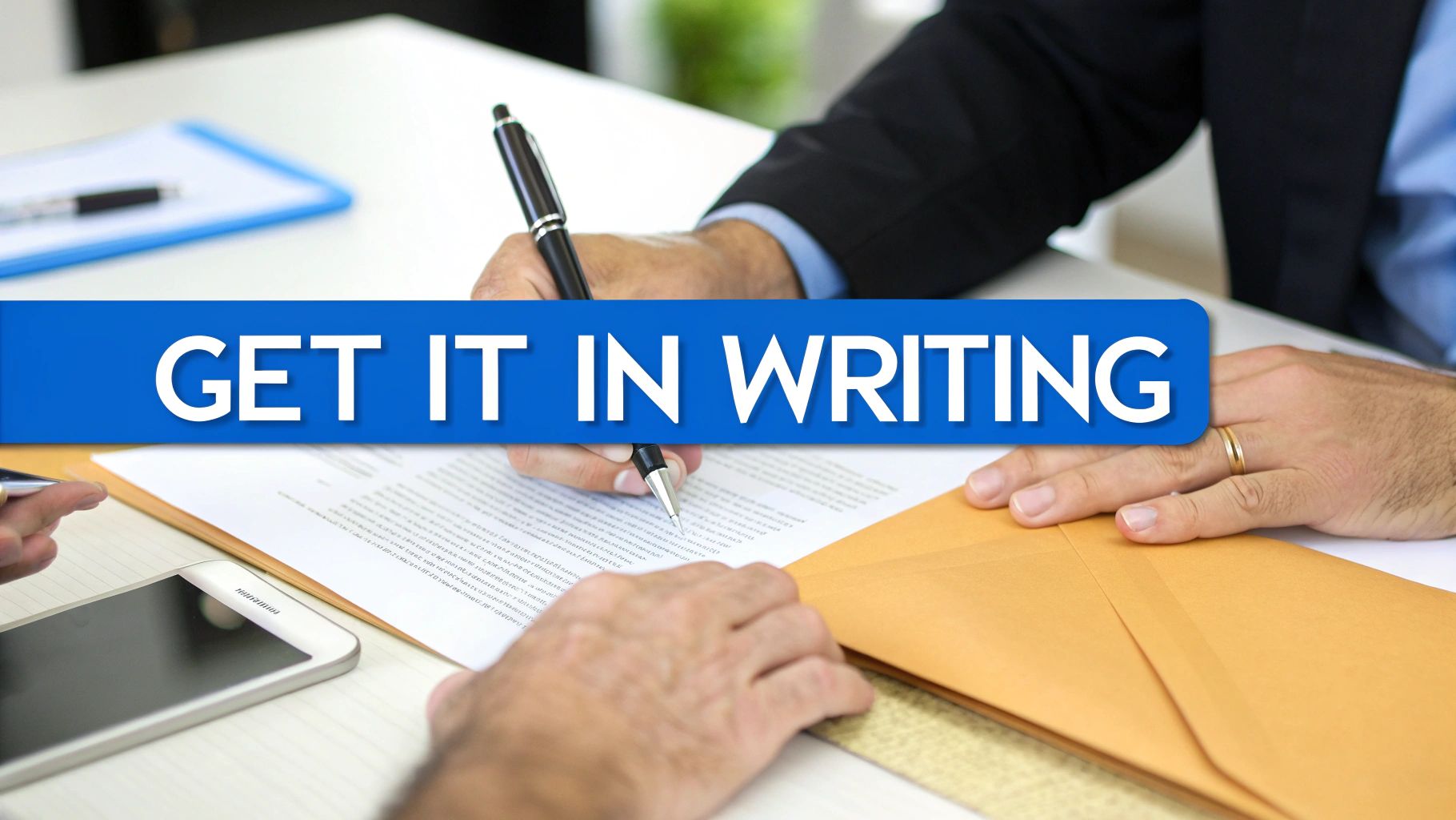 Close-up of a person's hands signing a document with a pen, with text 'GET IT IN WRITING'.