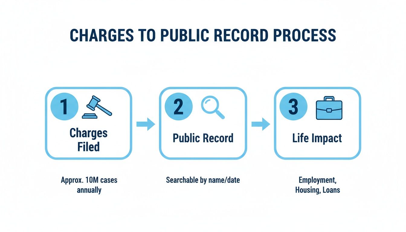 Diagram illustrating the public record process: charges filed, public record, and life impact.