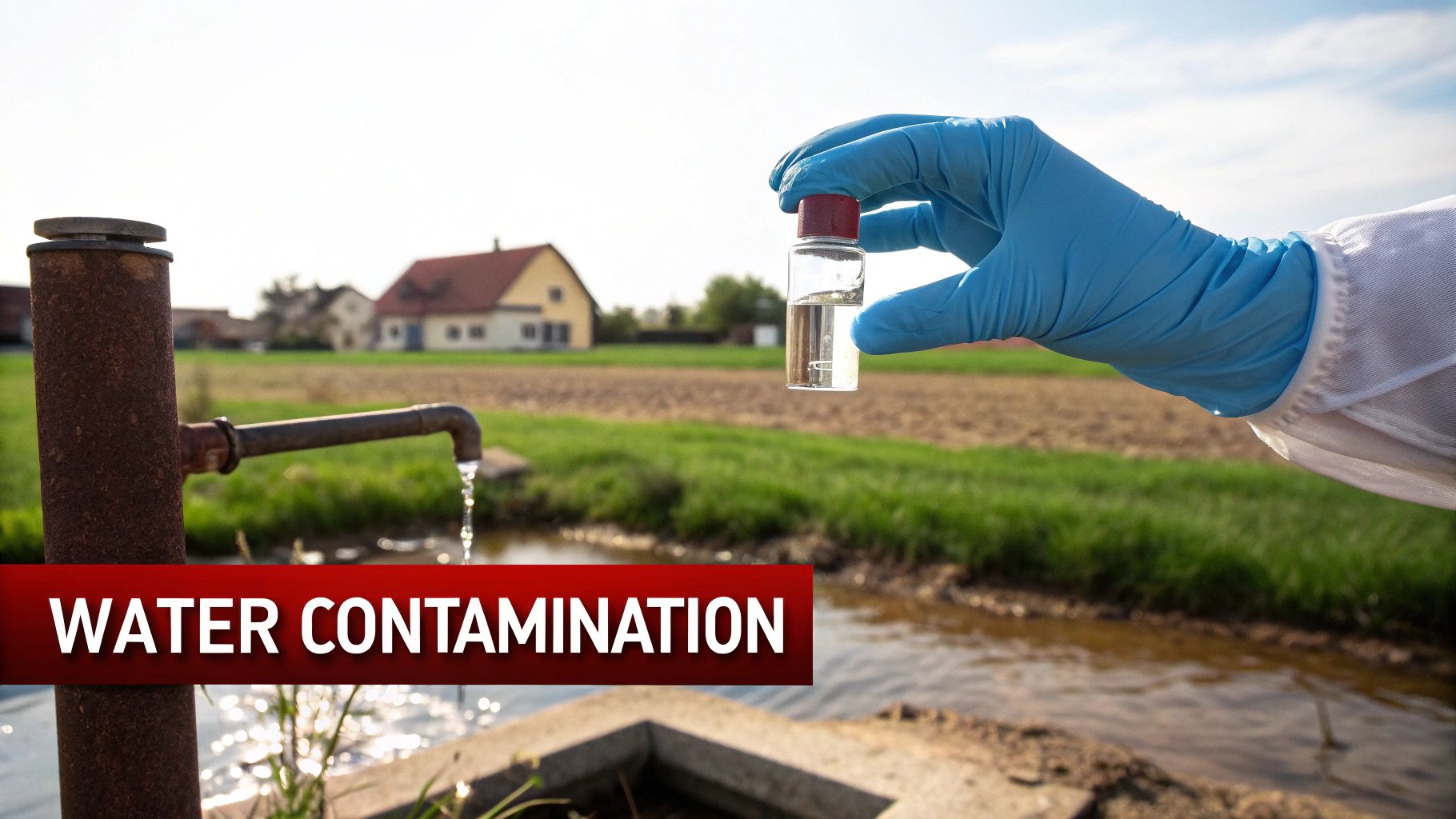 A gloved hand holds a water sample vial near a rusty pipe with water flowing, indicating contamination.