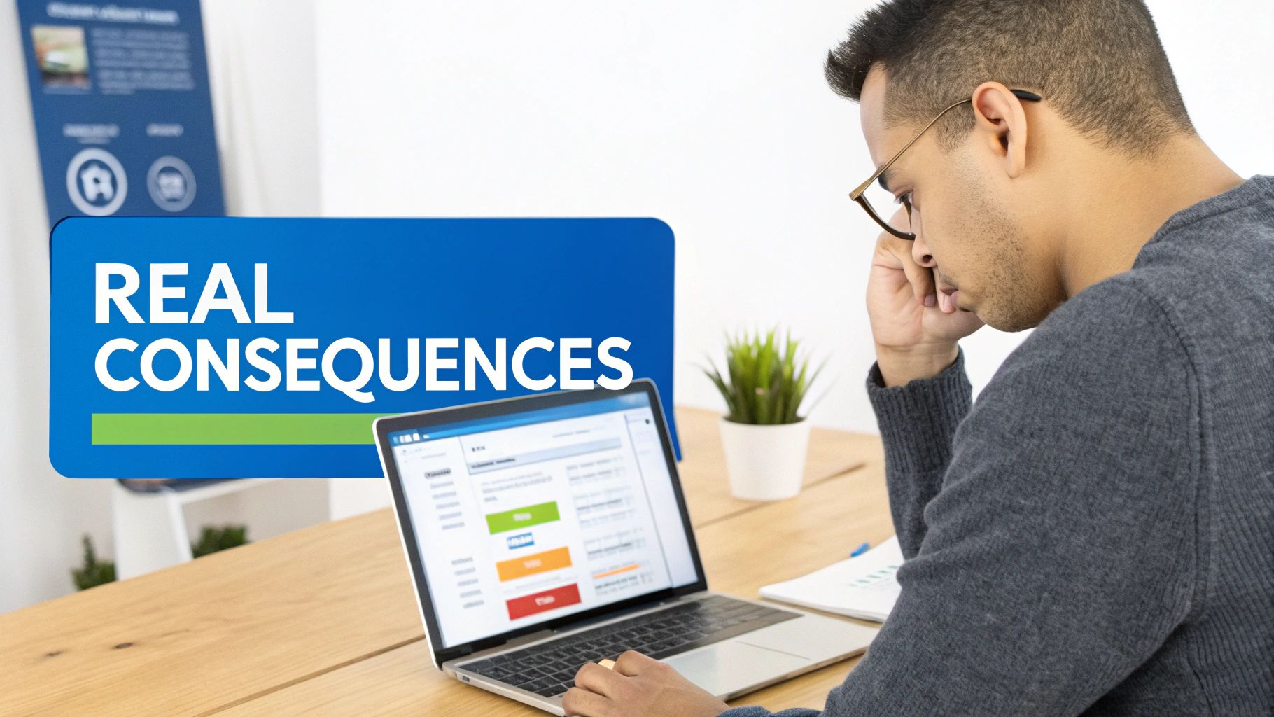 Man with glasses looking seriously at a laptop screen with 'REAL CONSEQUENCES' overlay.