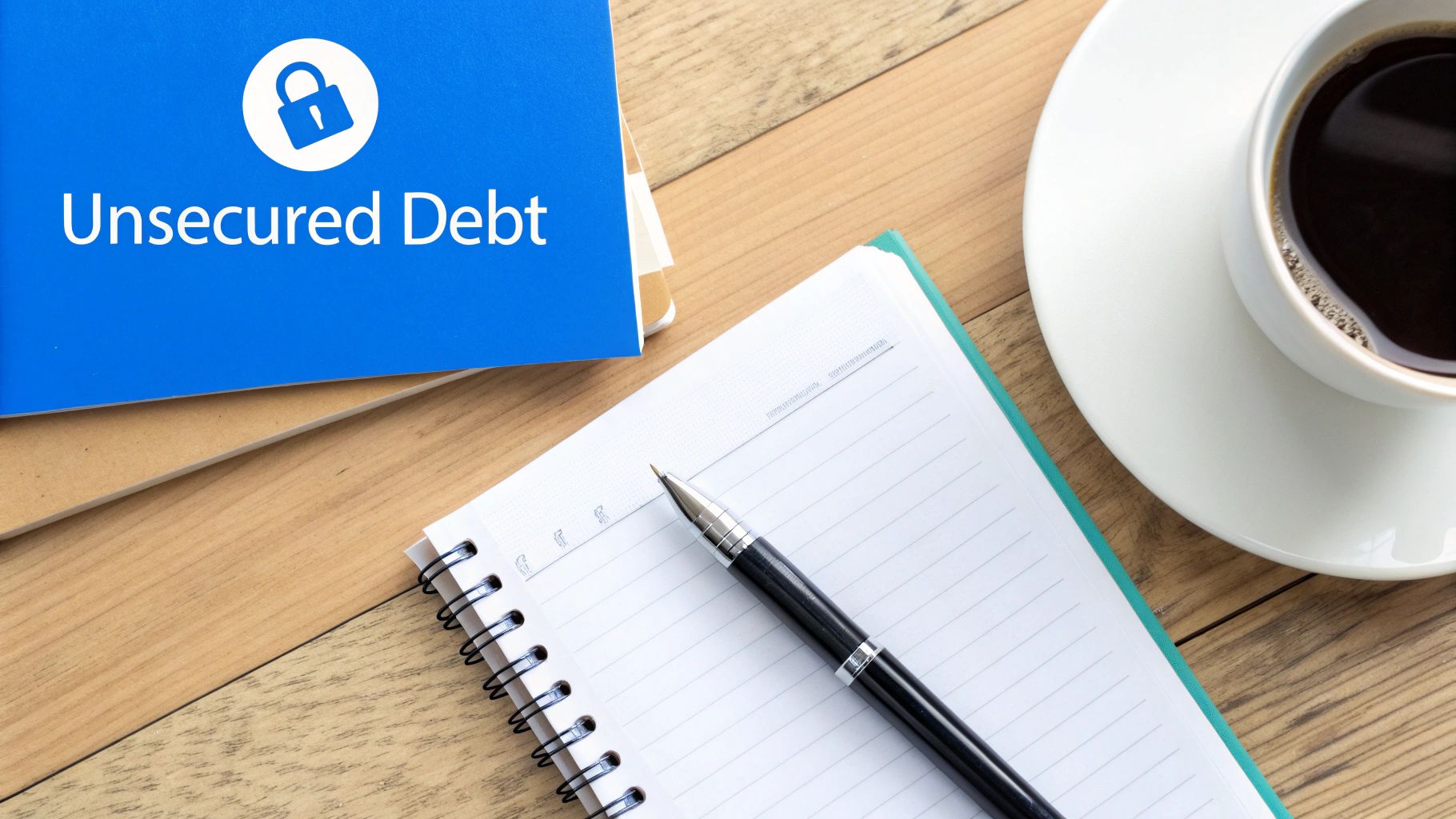 A blue book titled 'Unsecured Debt' with a padlock icon, a notebook, pen, and coffee on a wooden desk.