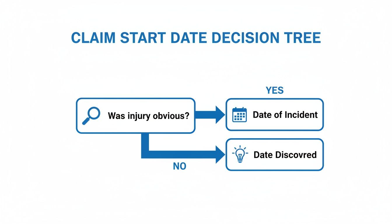 A decision tree diagram illustrating how to determine a claim start date based on injury obviousness.