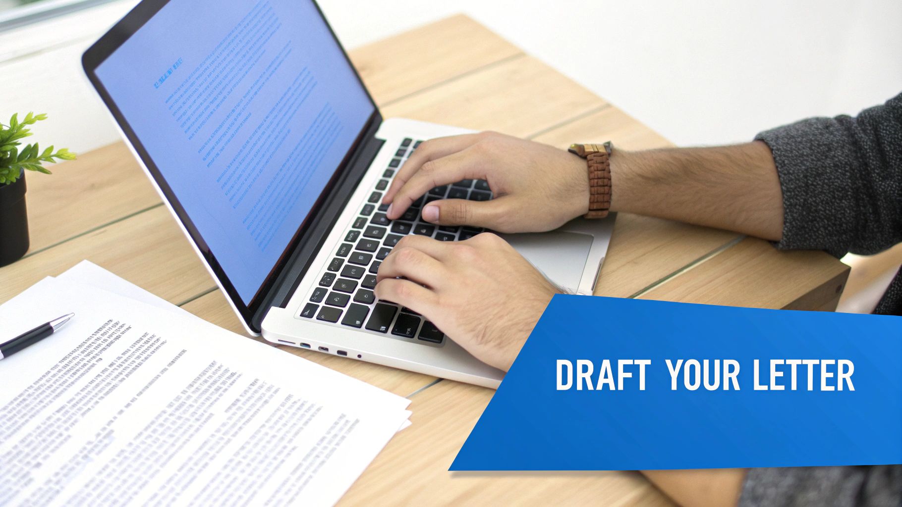Hands typing on a laptop, drafting a letter with documents on a wooden desk.