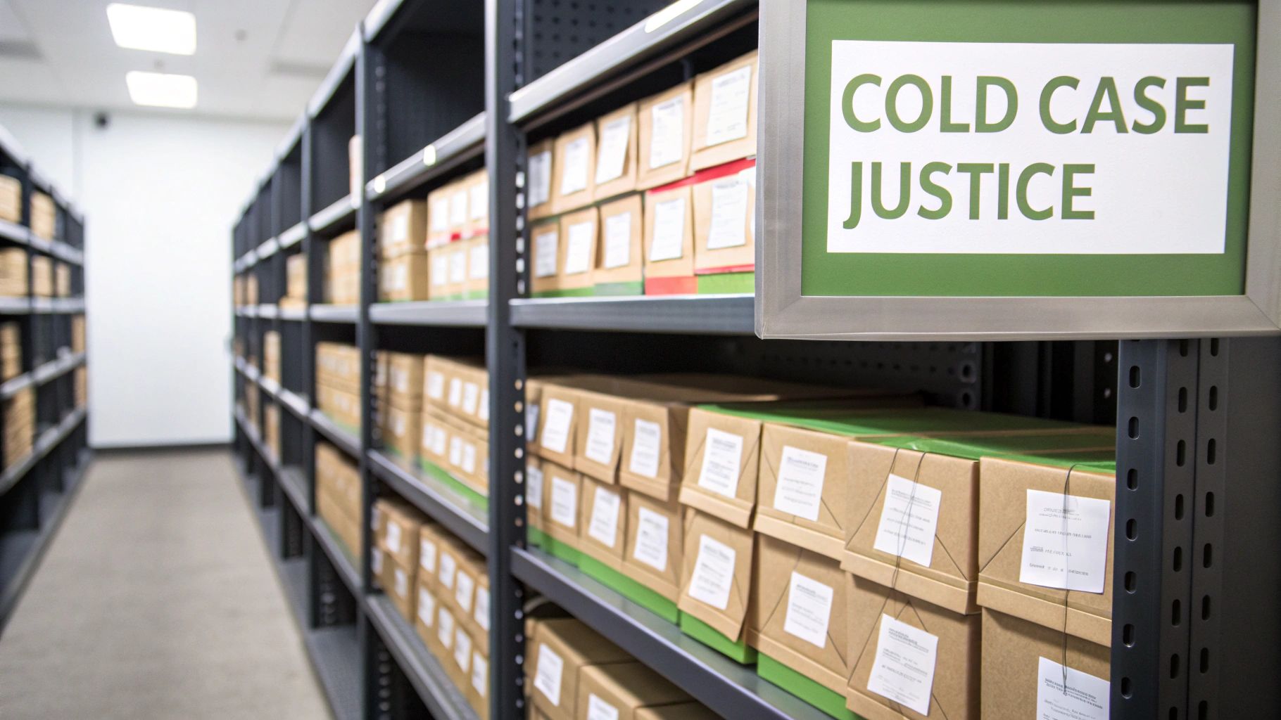 A storage room with shelves full of brown boxes and a sign reading 'COLD CASE JUSTICE'.