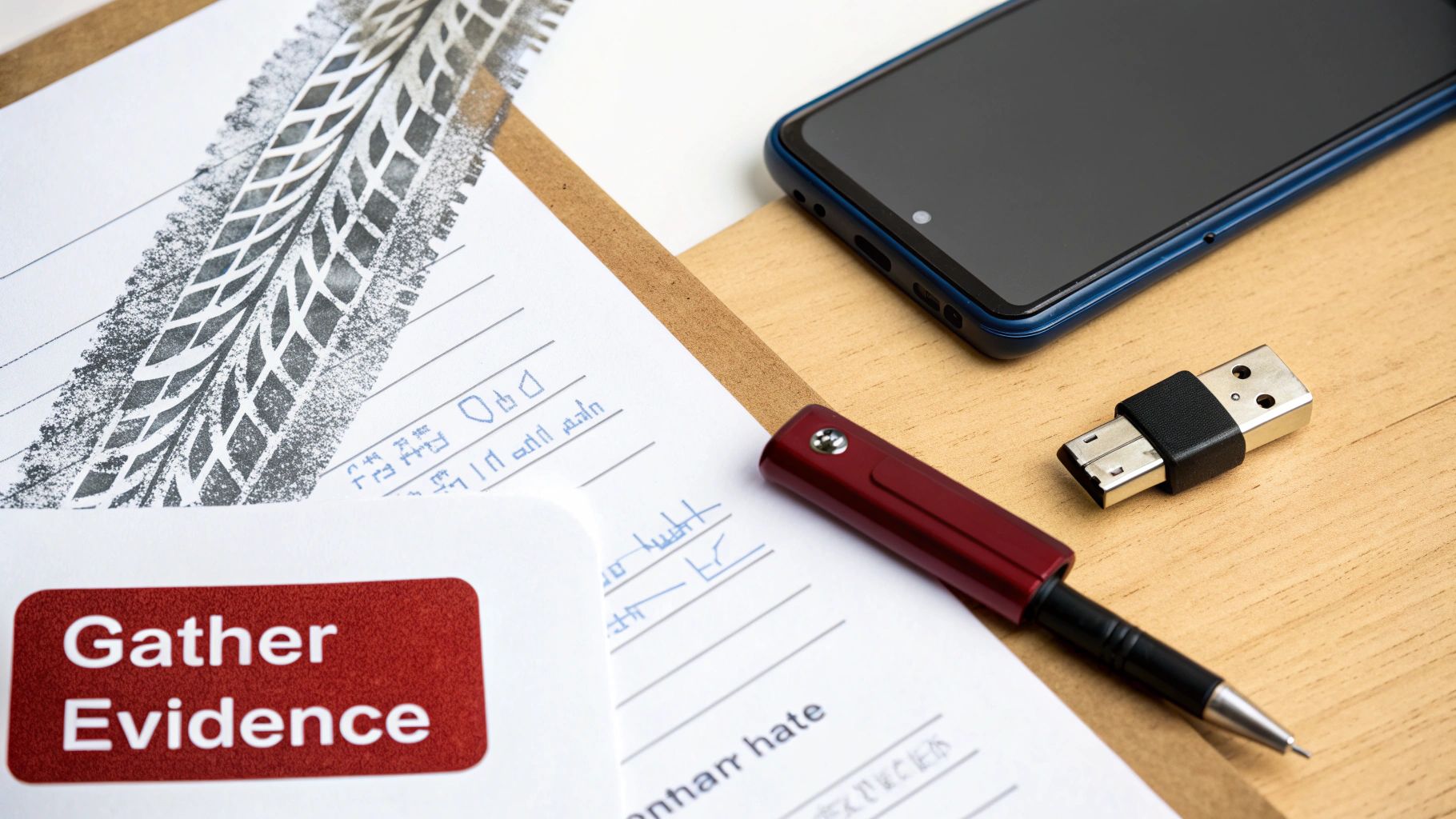 A desk with documents showing a tire print, 'Gather Evidence' label, pen, phone, and USB adapter.