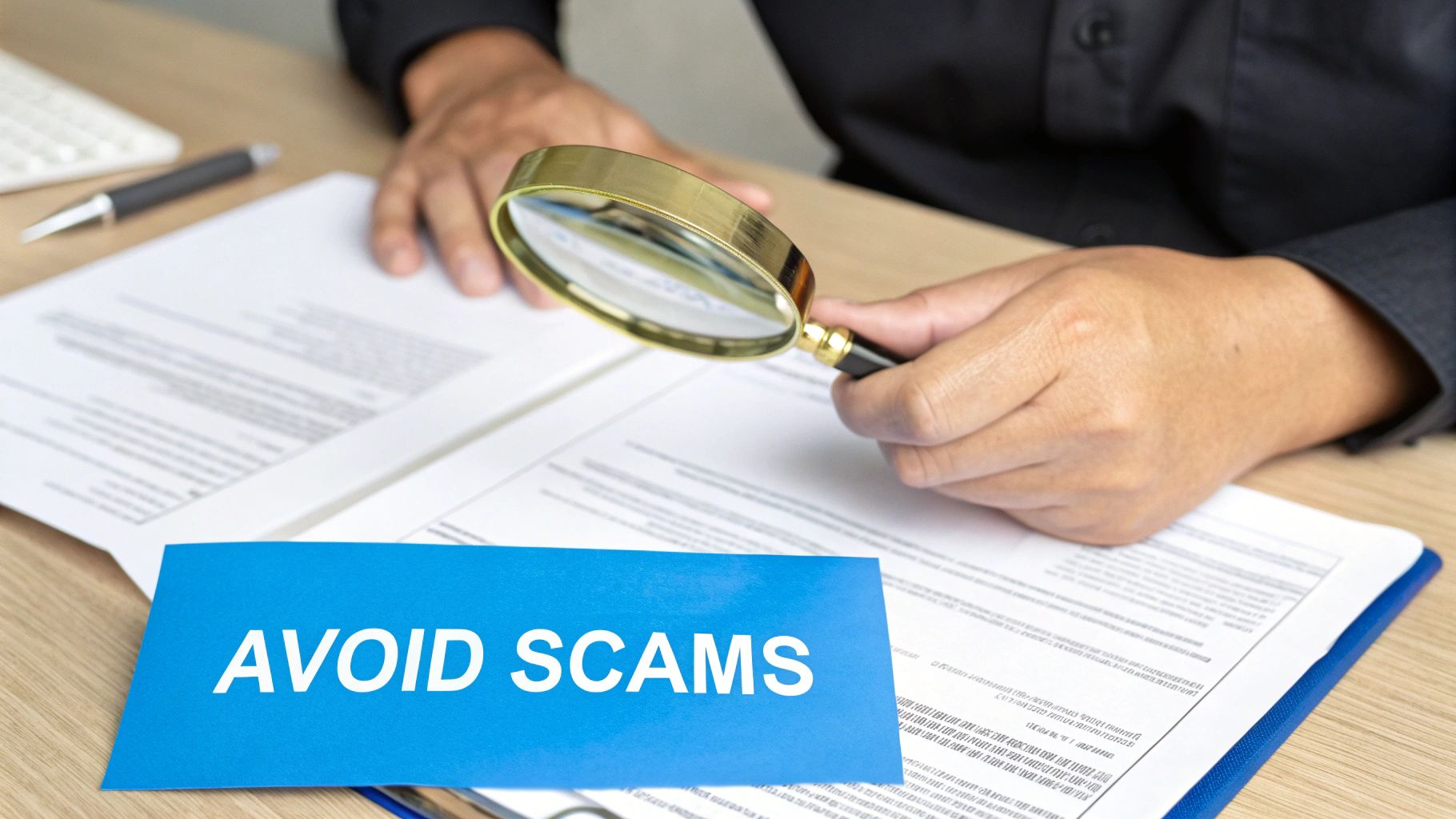 A person uses a magnifying glass to review documents, with a prominent 'AVOID SCAMS' sign.