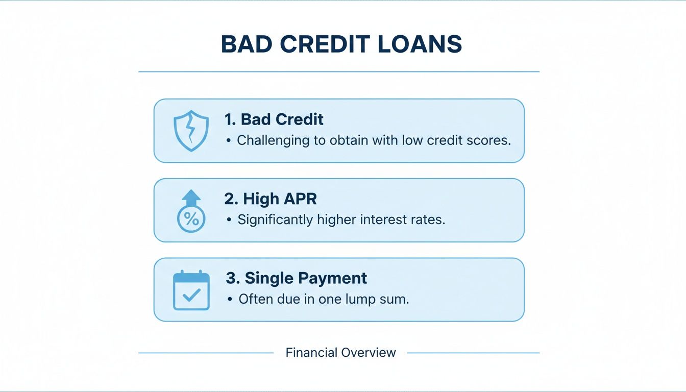 An infographic showing 3 characteristics of bad credit loans: challenging to obtain, high APR, and single payment.