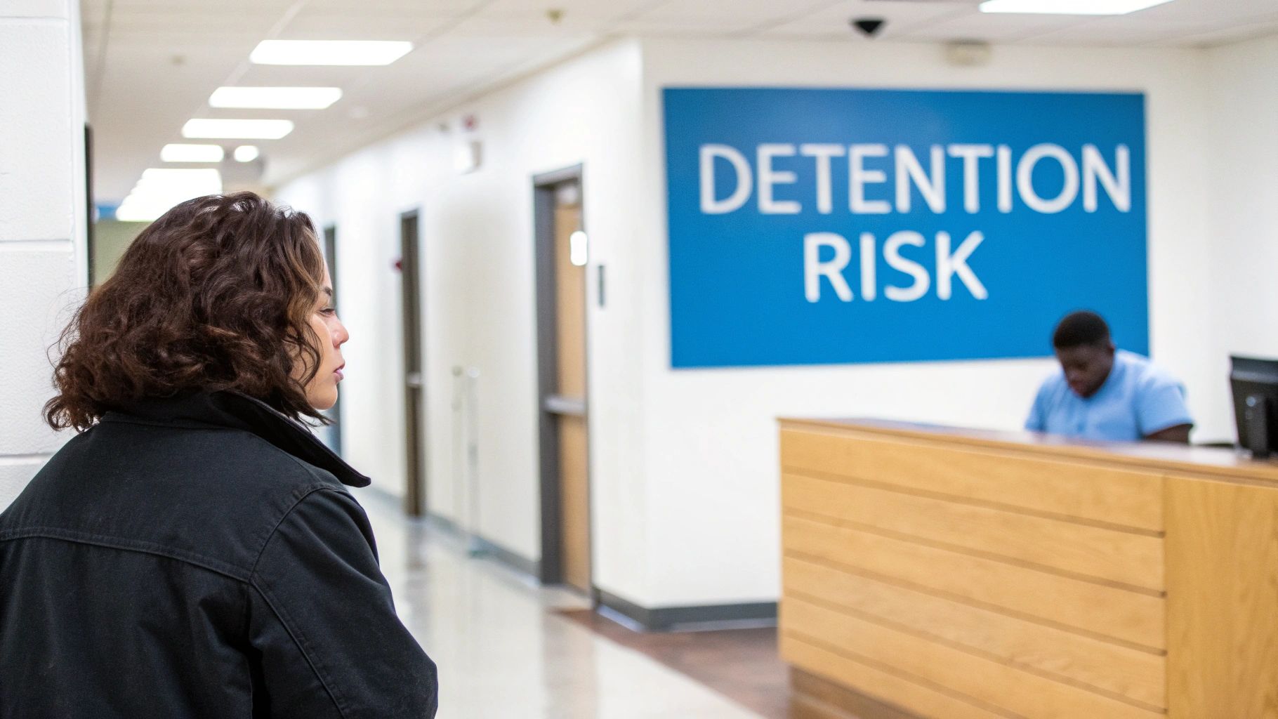Una mujer con una chaqueta oscura mira hacia un pasillo, con un cartel de "RIESGO DE DETENCIÓN" en el fondo.