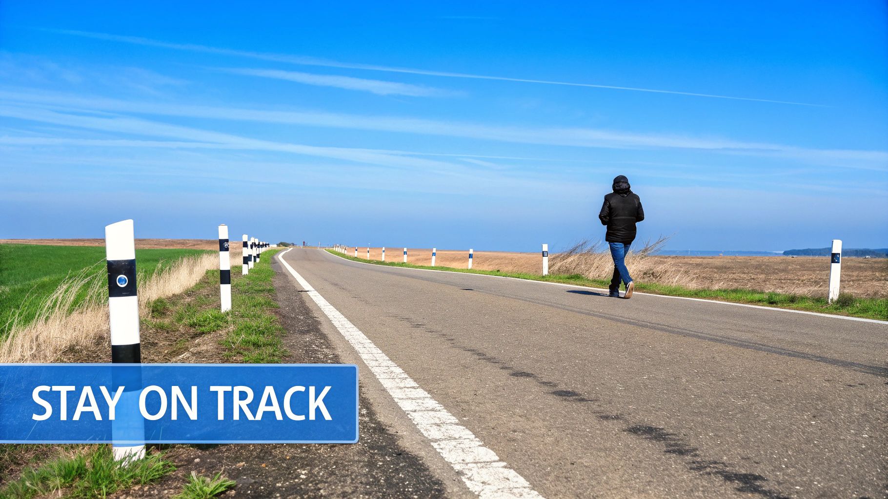 A person walks down a rural road lined with poles, with fields and blue sky, and "STAY ON TRACK" text.