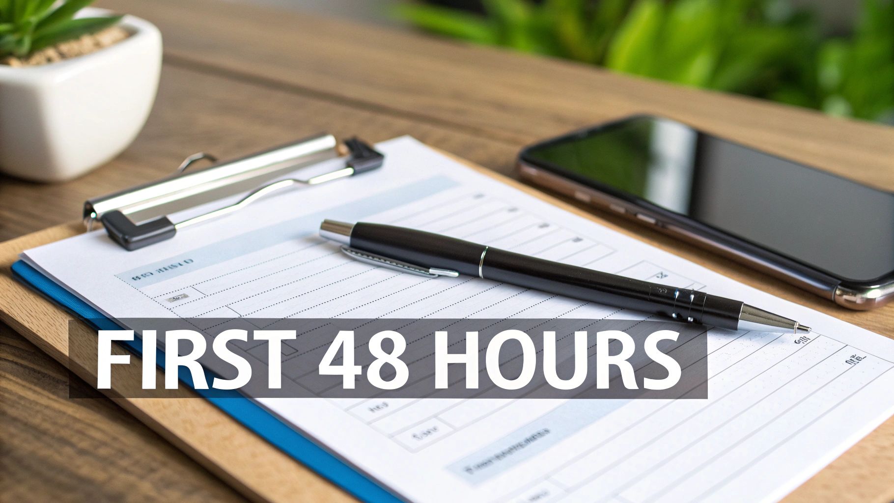 A desk with a clipboard, pen, smartphone, and plant, emphasizing the critical first 48 hours.