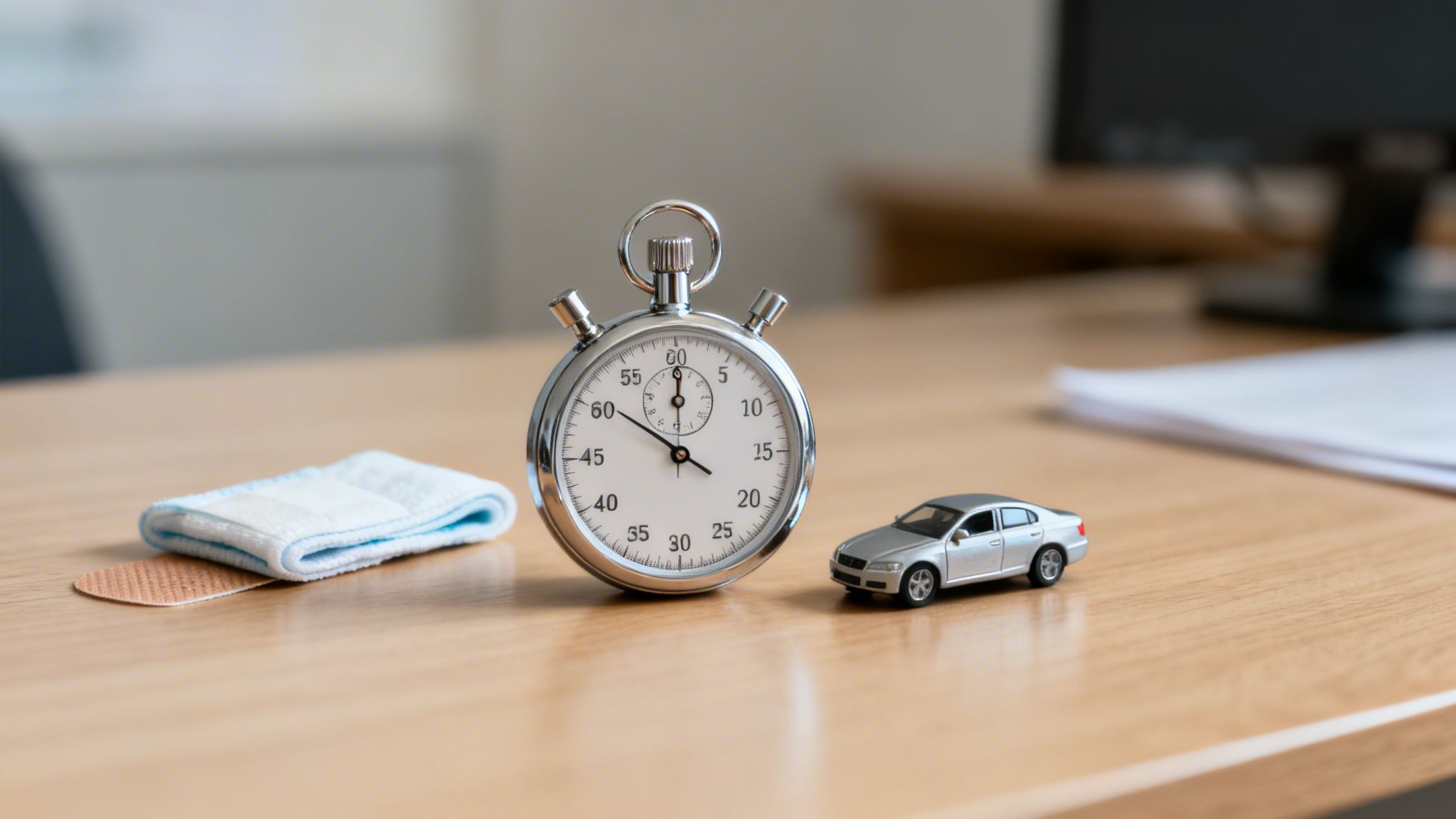 A silver stopwatch, a small silver car, a white towel, and a bandage on a wooden desk.