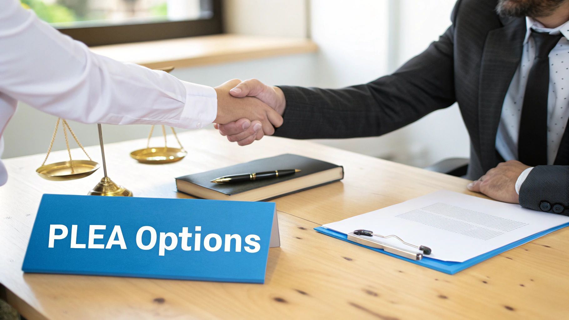 Two individuals shaking hands across a table with scales of justice and a 'PLEA Options' sign.