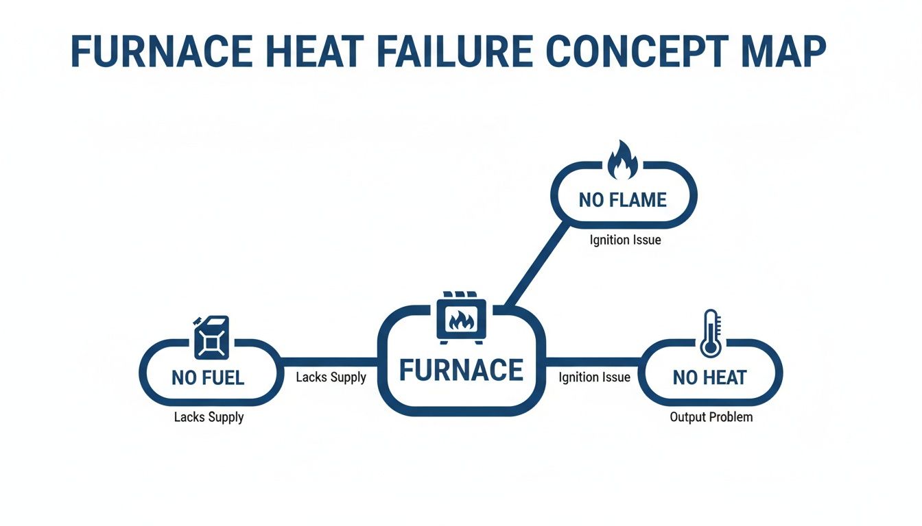 A concept map illustrating furnace heat failure causes: no fuel, no flame, and no heat output.
