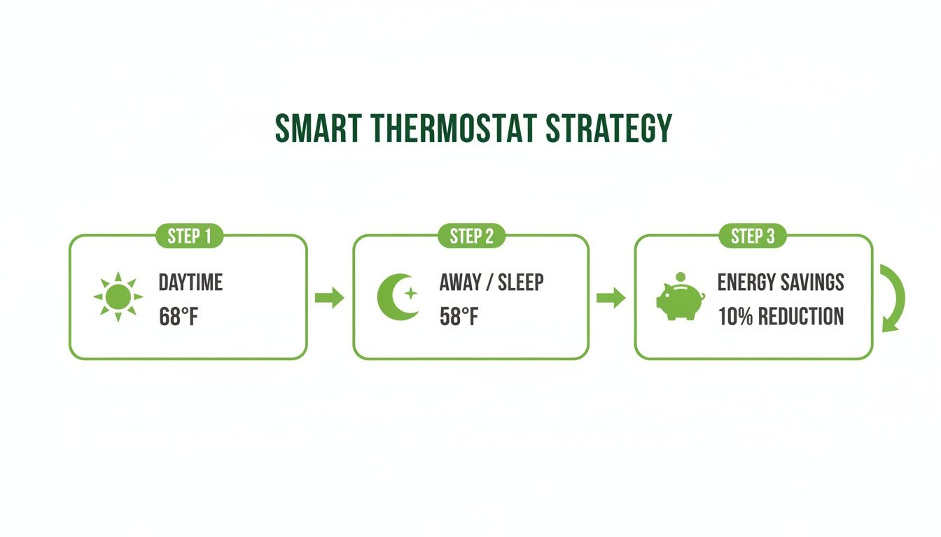 Infographic showing a smart thermostat strategy for energy saving, with daytime, away/sleep temperature settings.