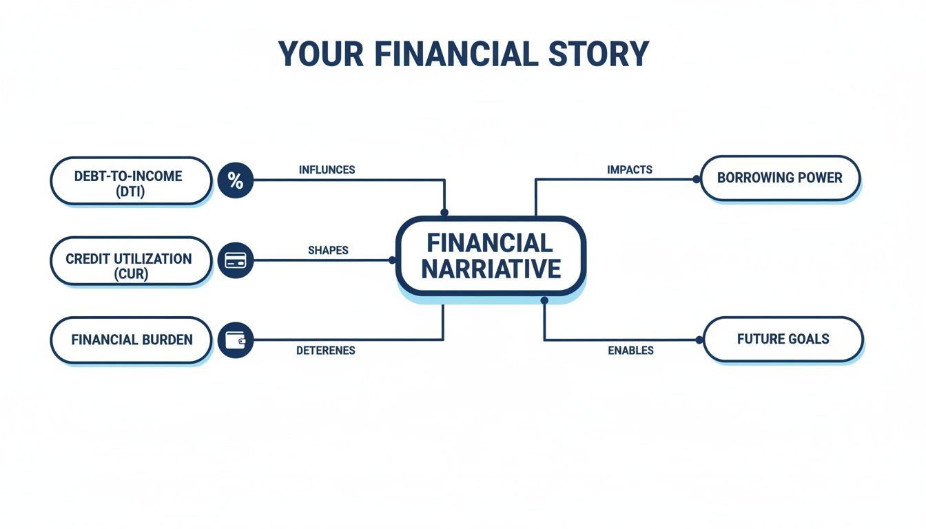 A financial story flowchart illustrating how debt, credit, and burden influence financial narrative, impacting borrowing power and future goals.