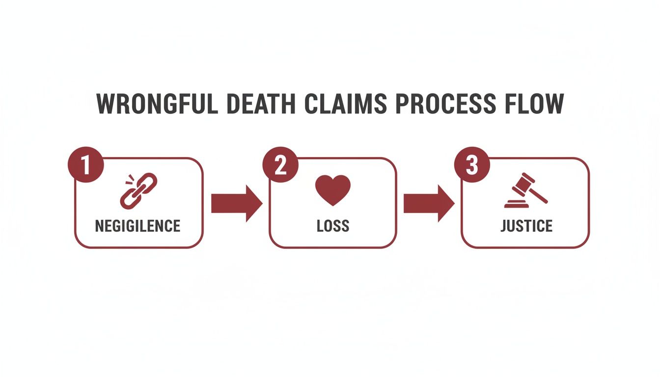A three-step flowchart illustrating the wrongful death claims process: Negligence (broken link), Loss (heart), and Justice (gavel).