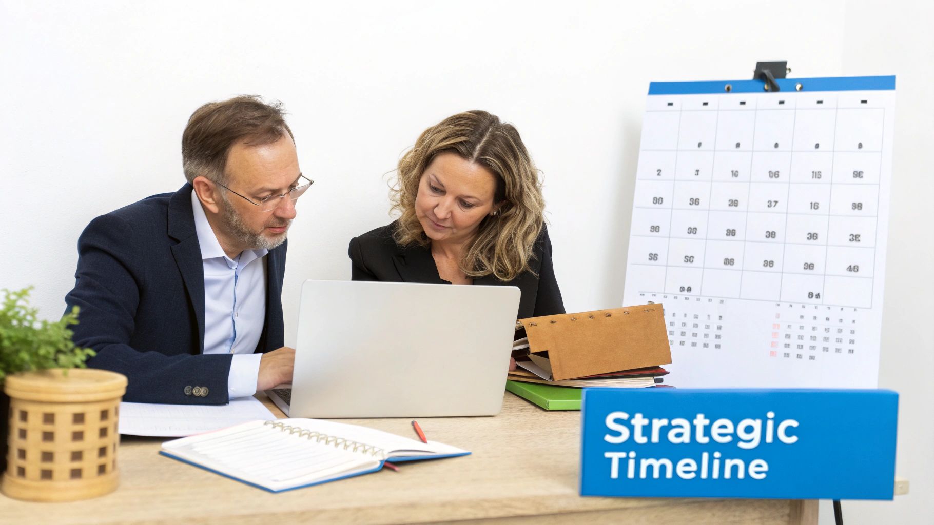 Two business professionals, a man and a woman, collaborating on a laptop during a strategic timeline meeting.