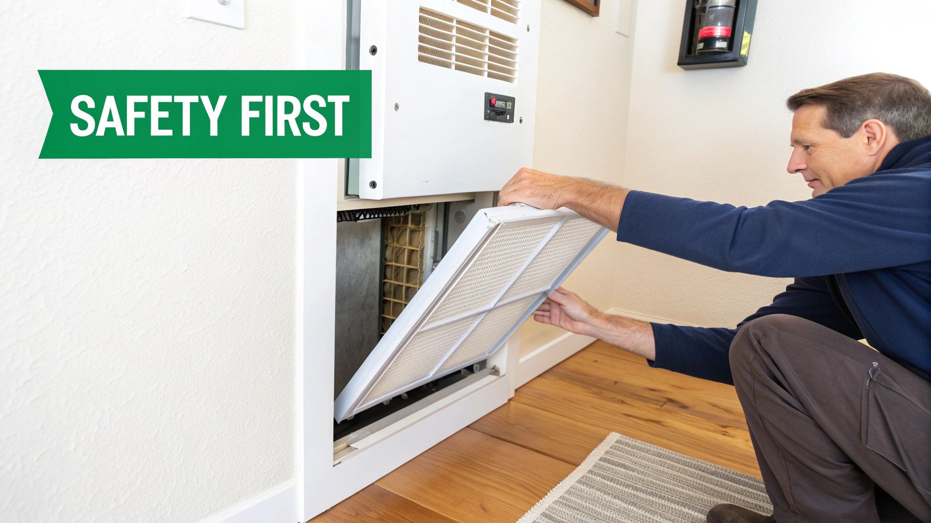 A man replaces a dirty air filter in a home furnace, emphasizing safety first.
