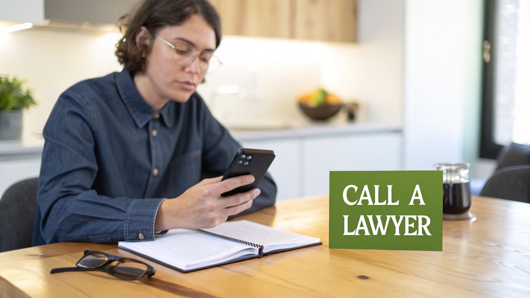 A person with glasses sits at a wooden table, looking at their phone, next to a 'CALL A LAWYER' sign.