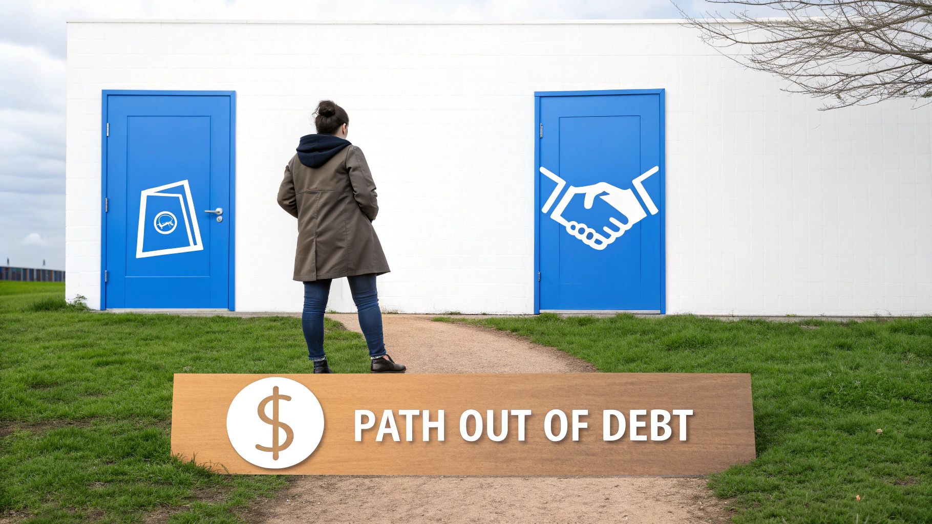 A person faces two blue doors, symbolizing choices on a path out of debt.