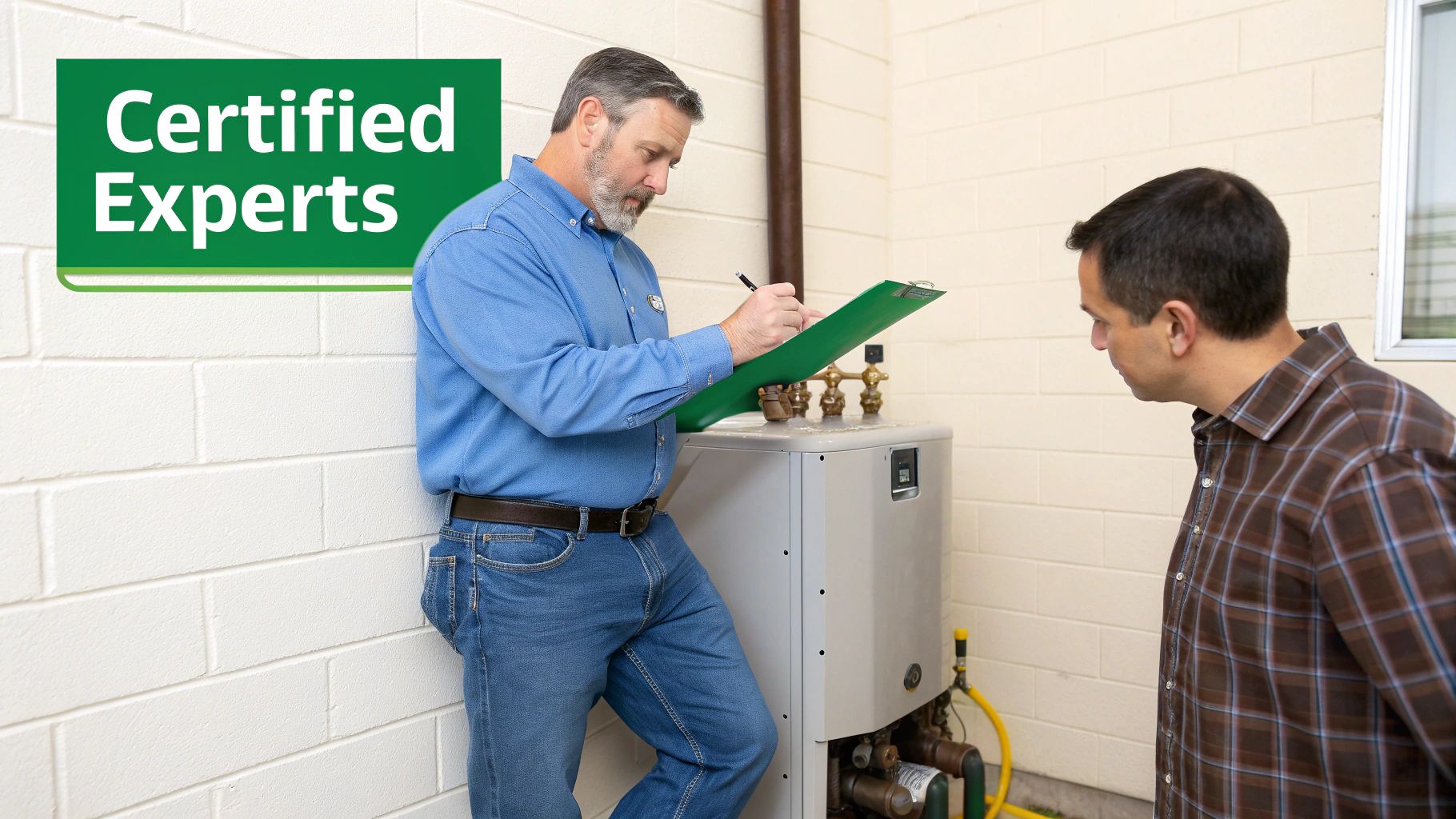 A certified HVAC technician in a blue shirt inspects a home's water heater as a customer watches.