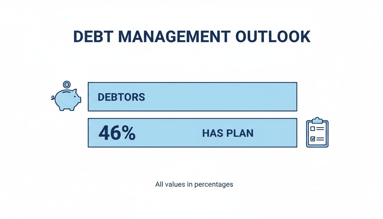 An infographic on debt management outlook showing 46% of debtors have a debt plan.
