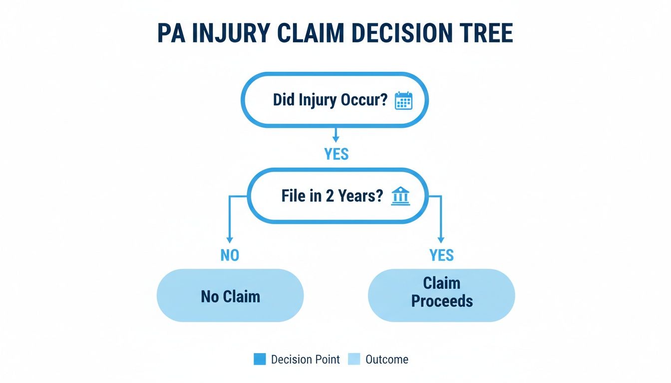 Decision tree for PA injury claims: did injury occur, and was it filed within two years?
