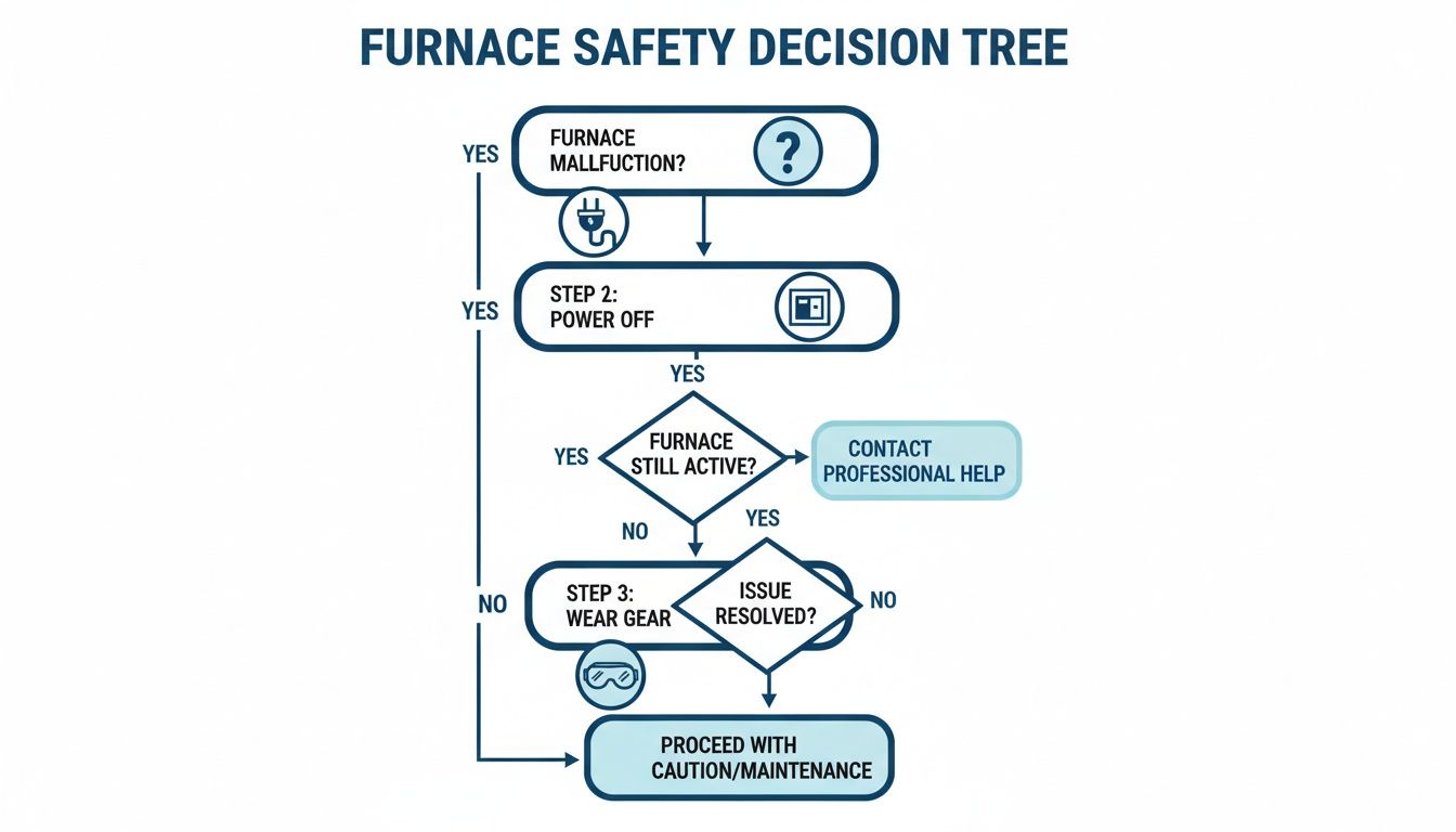 Decision tree detailing furnace safety steps, including power off, wearing gear, and seeking professional help.