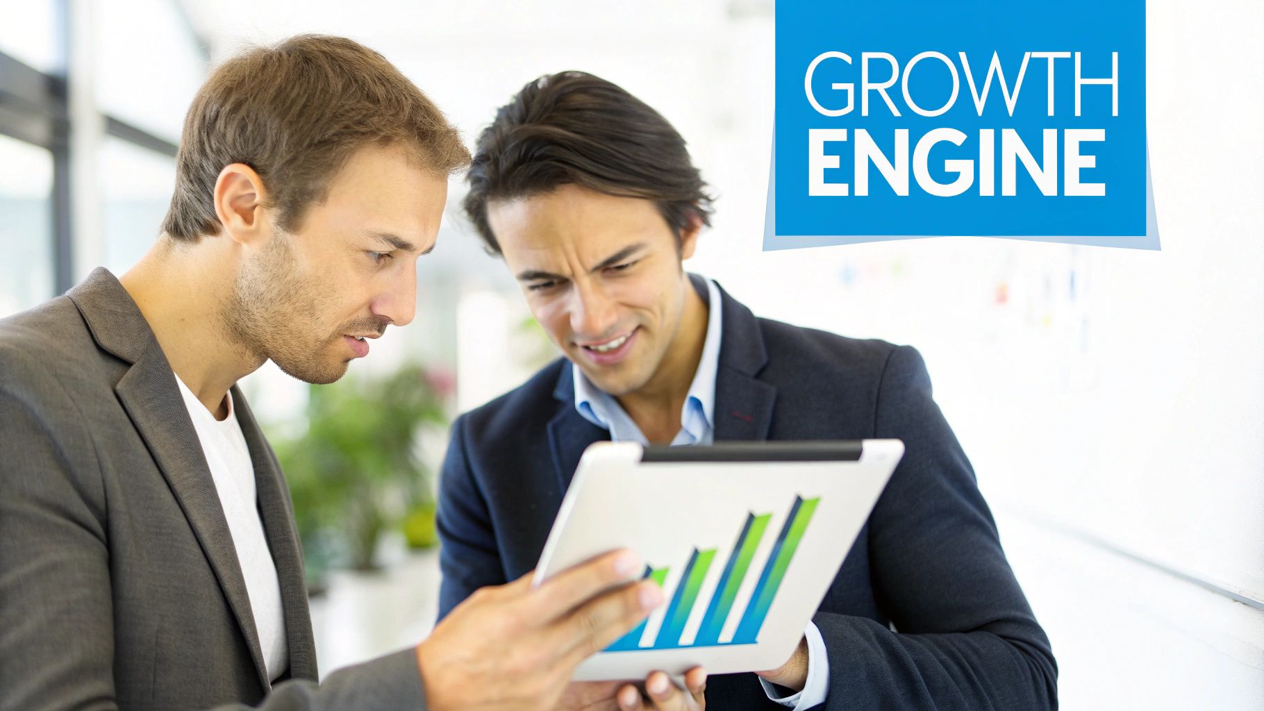 Two professional men analyze a growth chart on a tablet, with a 'GROWTH ENGINE' banner.