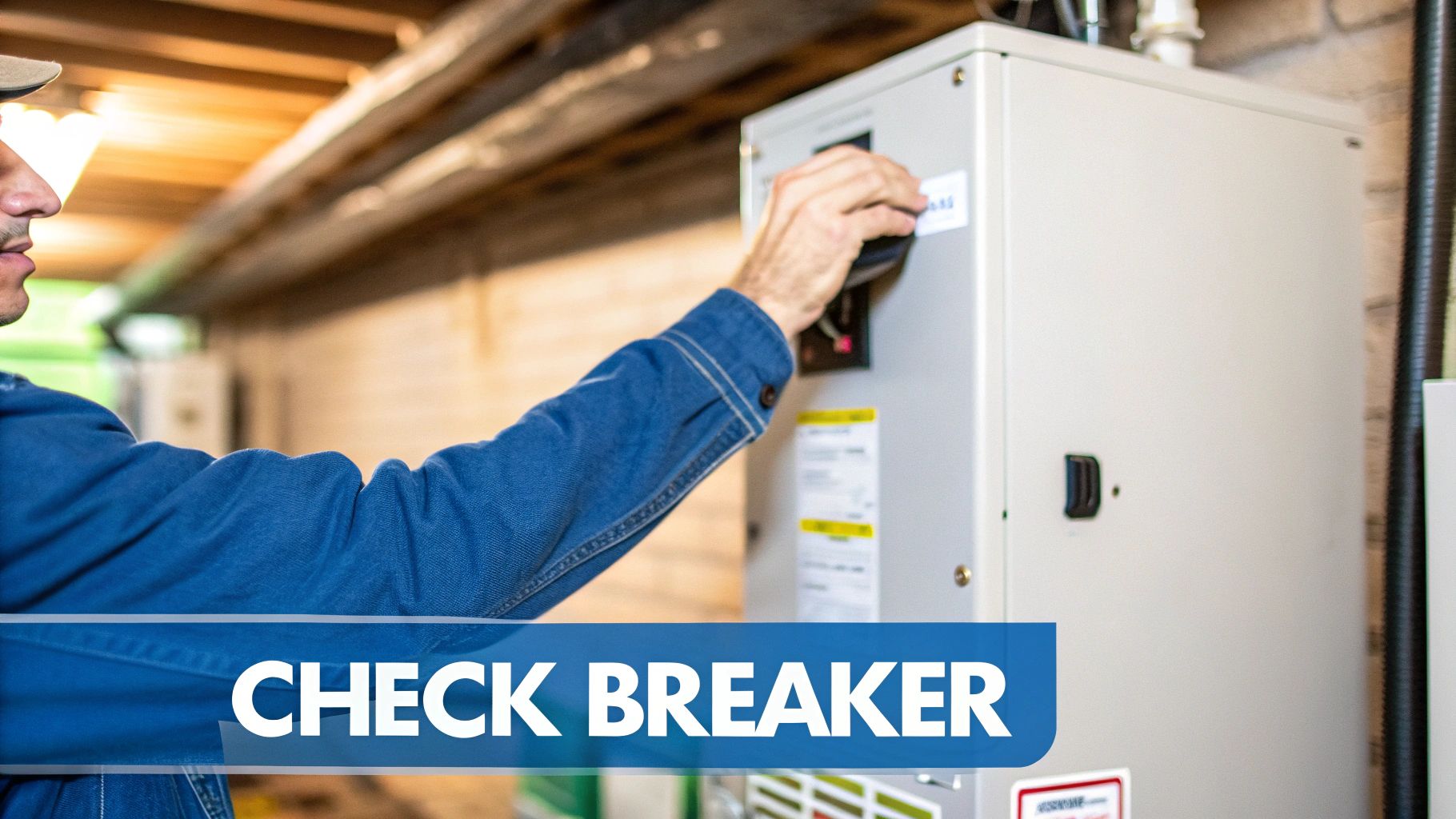 A person in a denim shirt adjusting a breaker on an electrical panel, with "CHECK BREAKER" text.