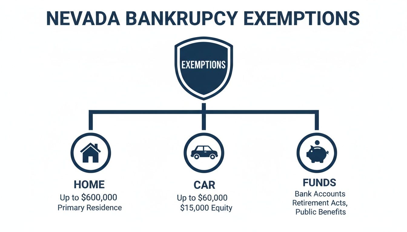 Flowchart detailing Nevada bankruptcy exemptions for primary residence, car, and financial funds.