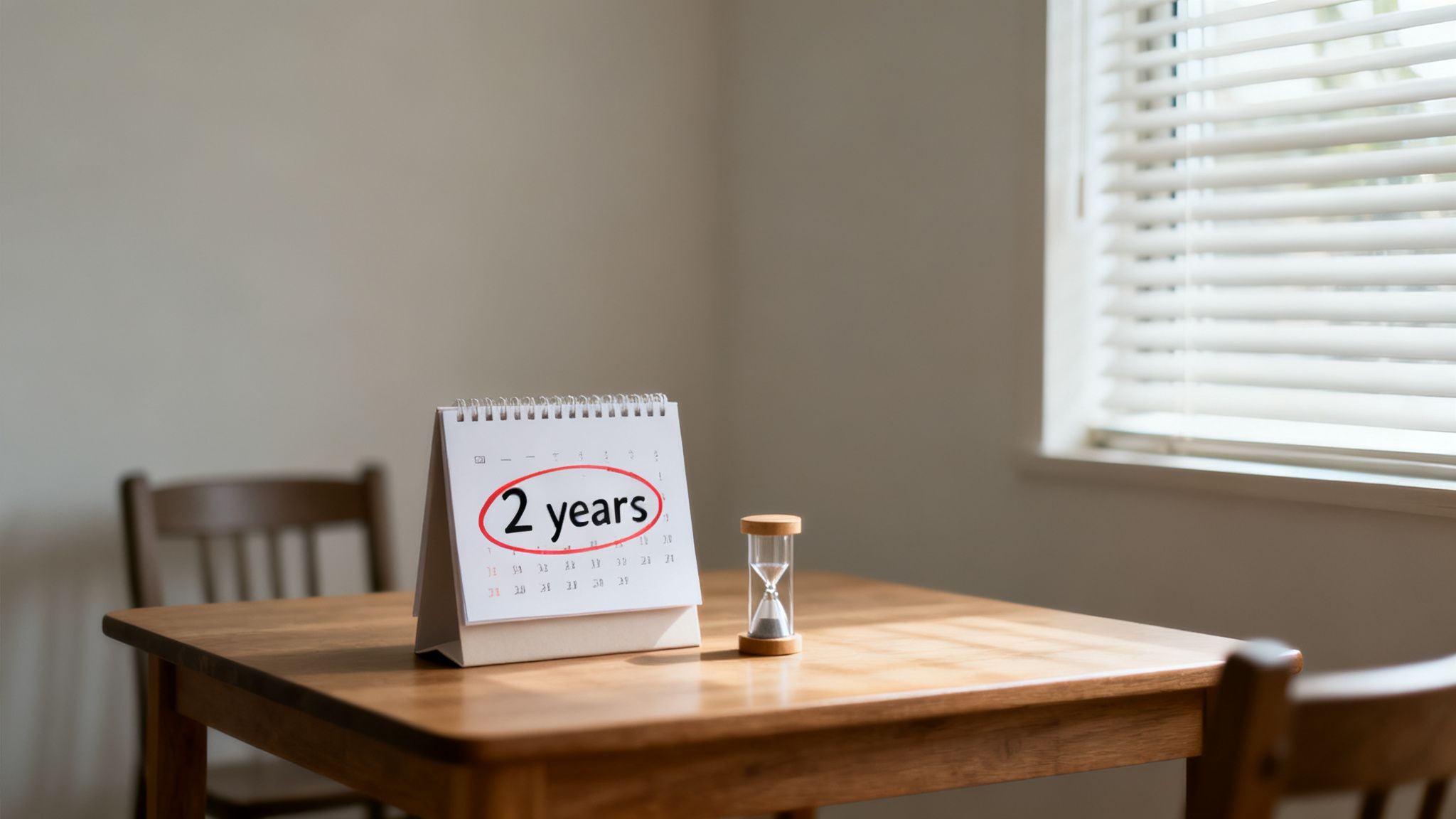 A desk calendar showing "2 years" circled in red, next to an hourglass on a wooden table.
