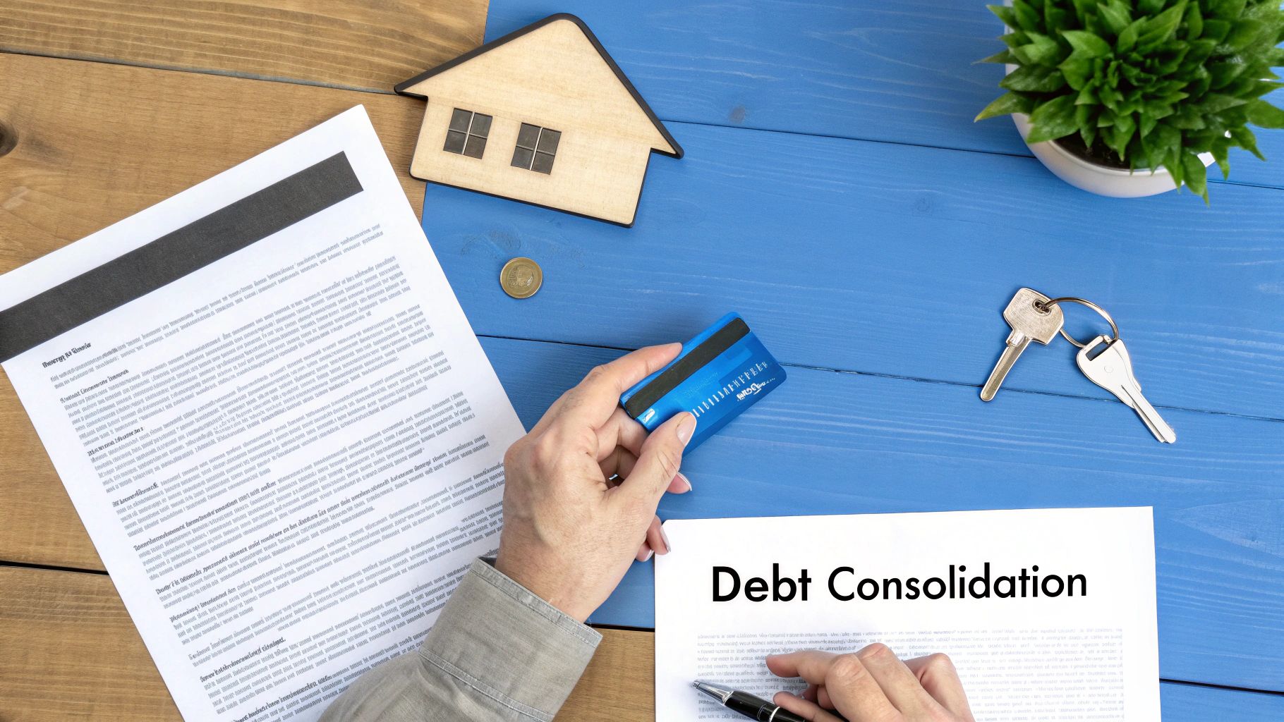Person's hands with a credit card over a 'Debt Consolidation' document, with a model house and keys.