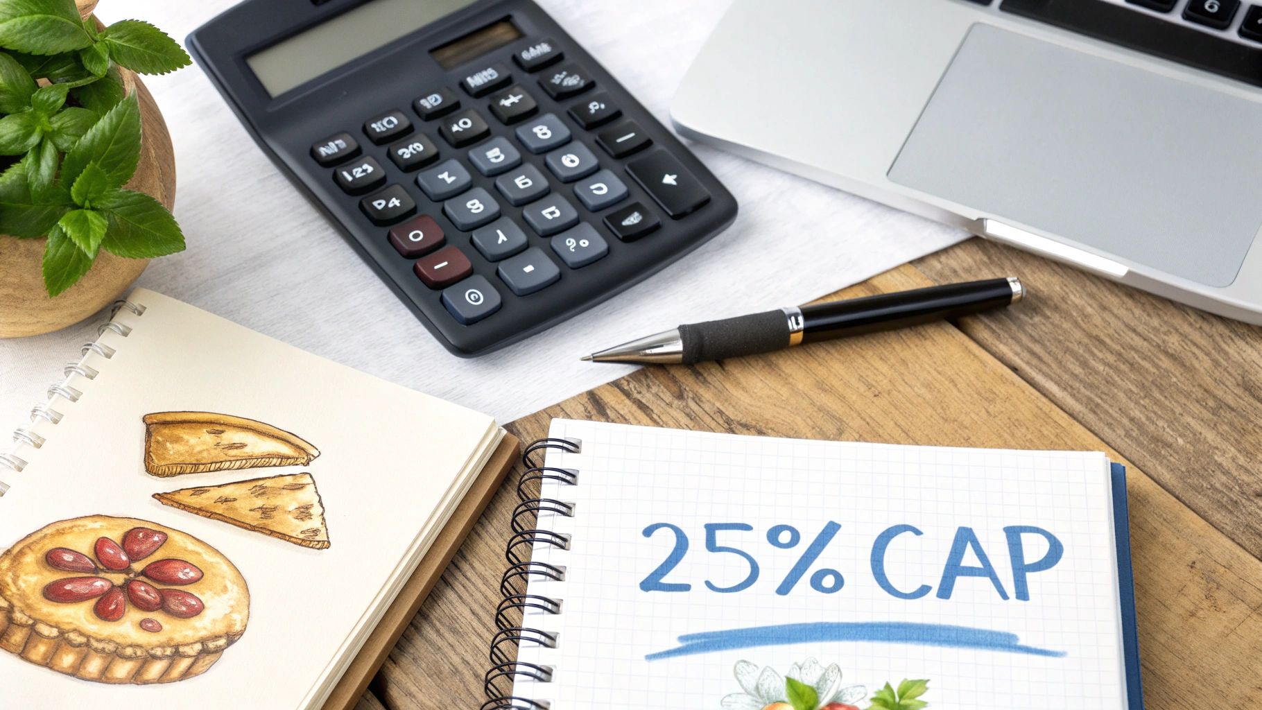 A desk with a calculator, laptop, pen, and notebooks, one with '25% CAP' written.
