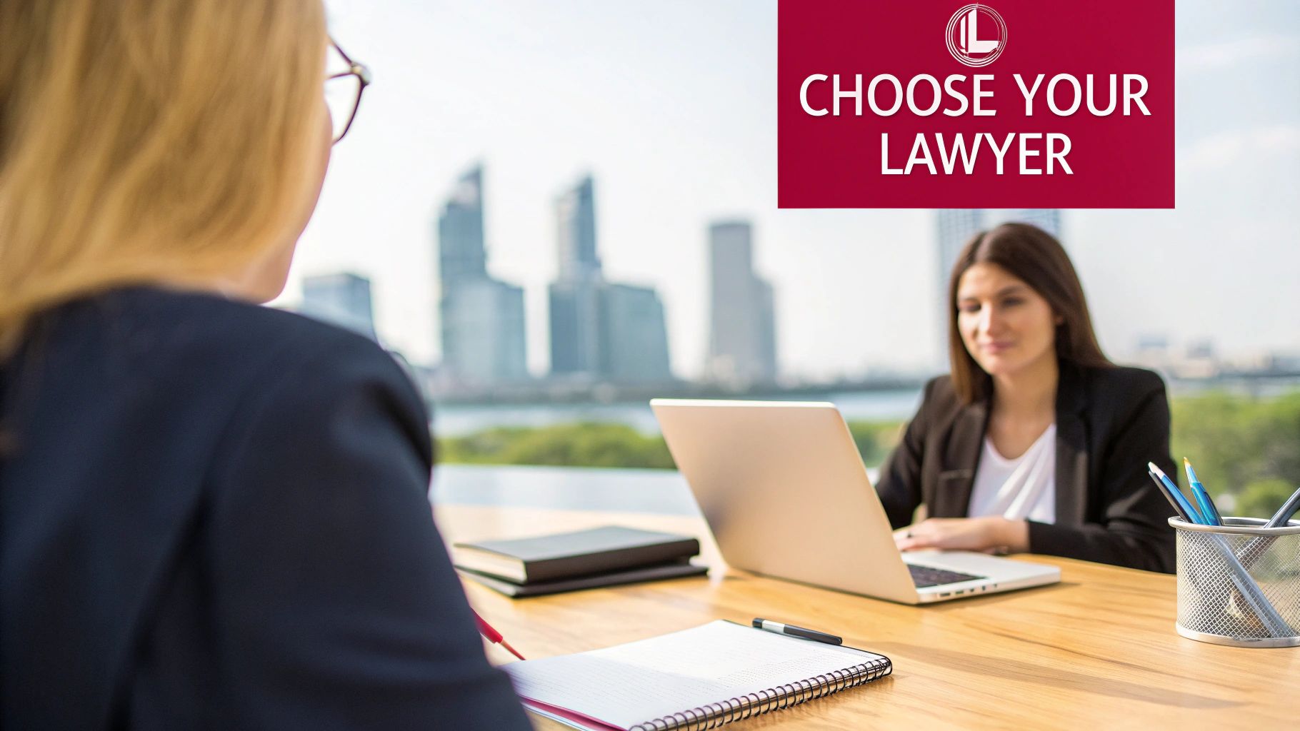 A woman with glasses viewed from behind and another on a laptop, with "CHOOSE YOUR LAWYER" banner.