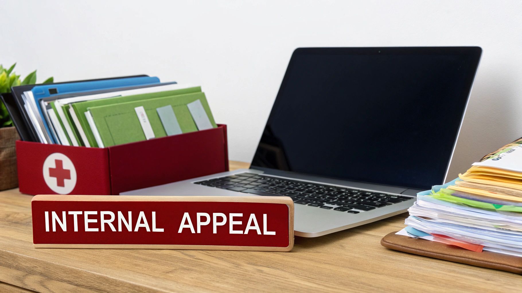 A desk with a red 'Internal Appeal' sign, laptop, and medical files for a review process.