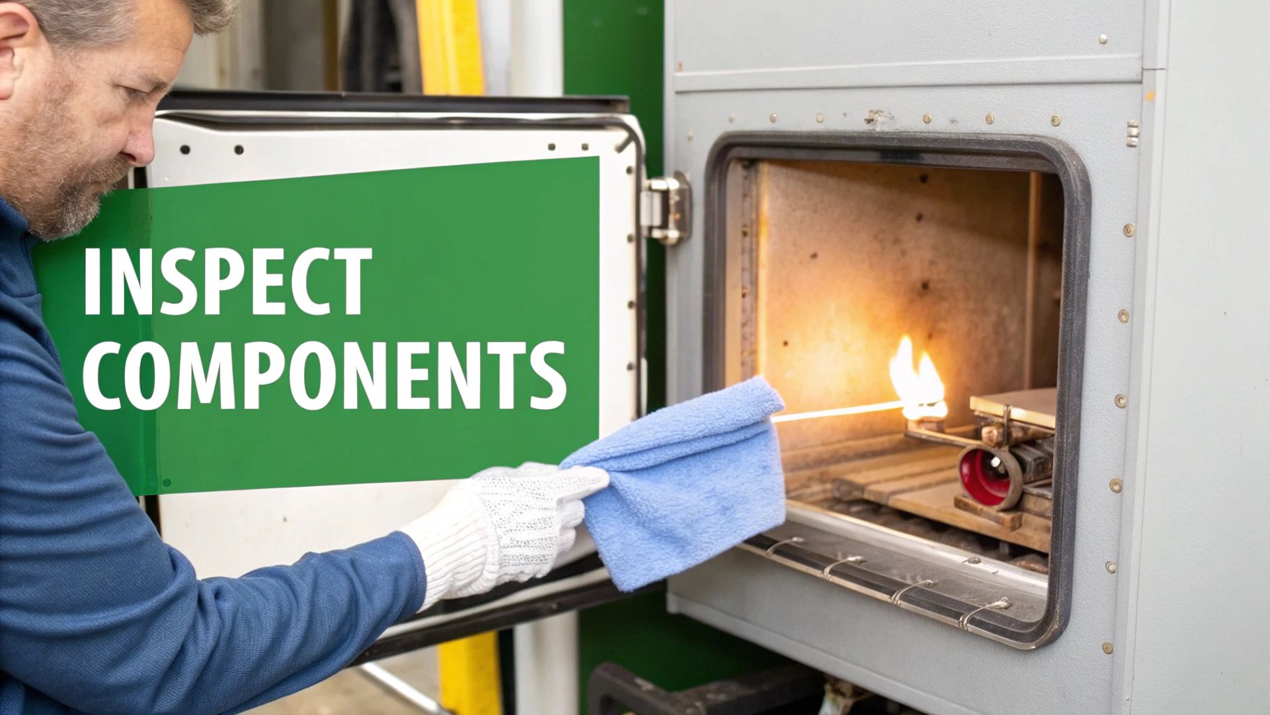 A technician inspects furnace components, holding a lighted tool inside a unit with an "INSPECT COMPONENTS" sign.