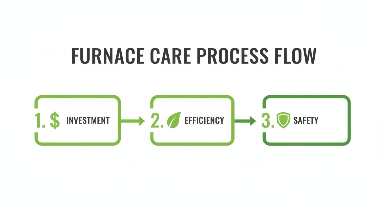 A three-step furnace care process flow: 1. Investment (dollar sign), 2. Efficiency (leaf), 3. Safety (shield).