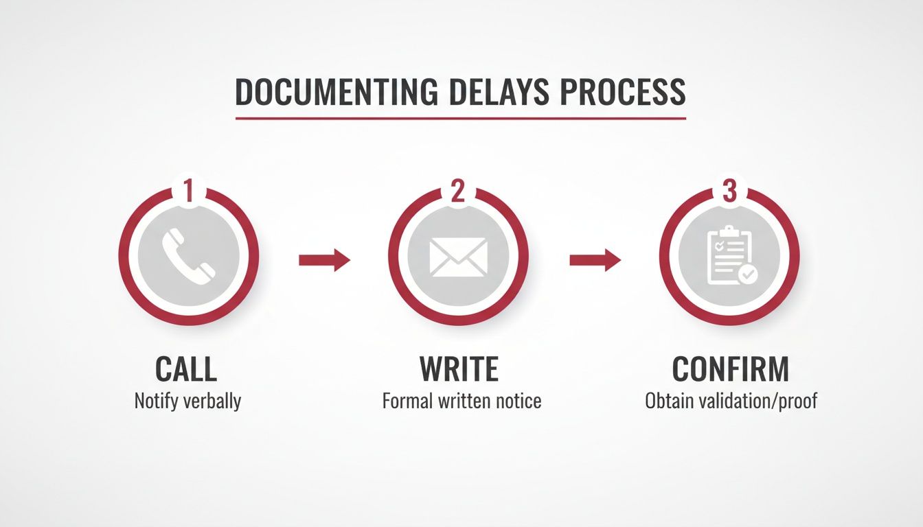A three-step process for documenting delays: Call, Write, and Confirm with icons.