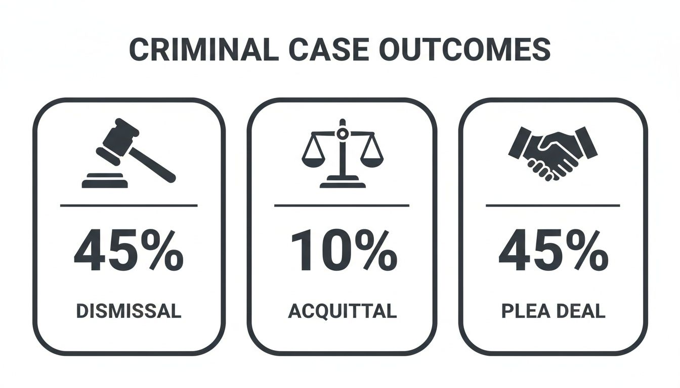 Infographic displaying criminal case outcomes: 45% dismissal, 10% acquittal, and 45% plea deal.