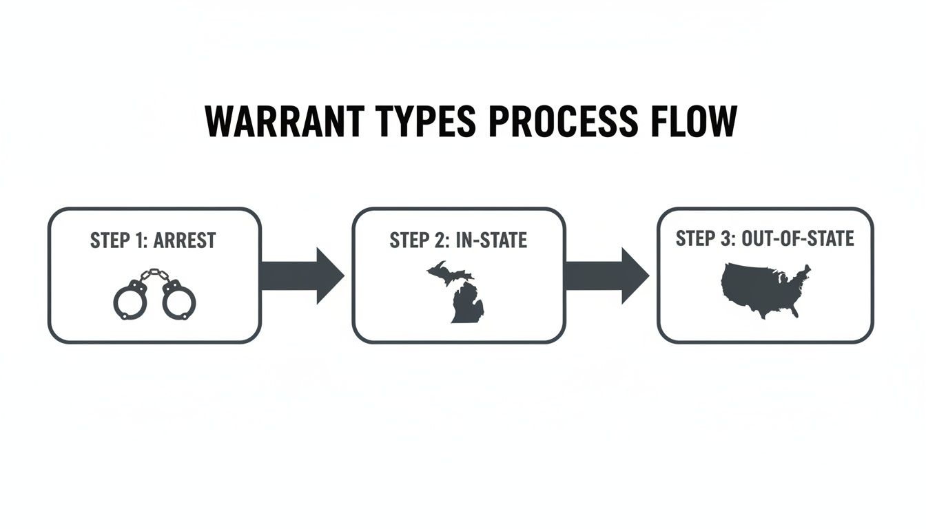 Flowchart illustrating the warrant types process, showing steps for arrest, in-state, and out-of-state warrants.