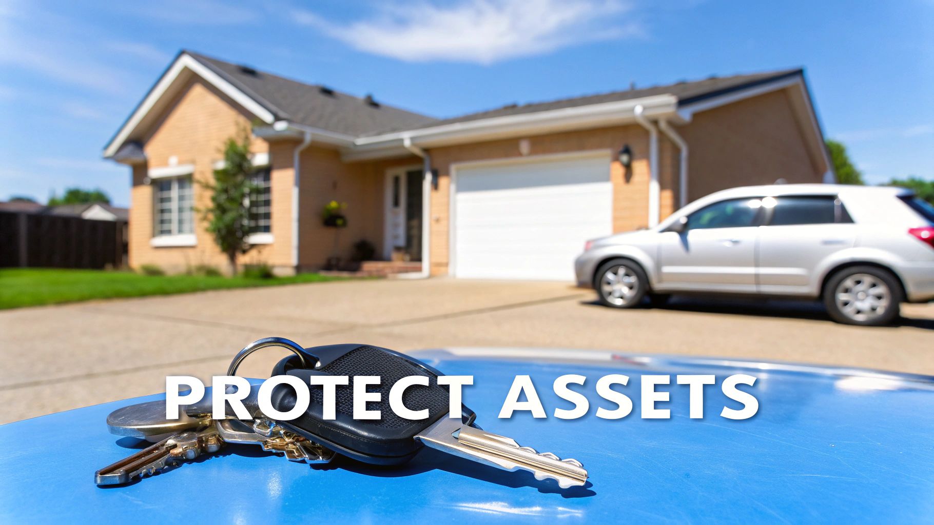 House and car keys on a blue surface, with a house and car in the background, signifying asset protection.